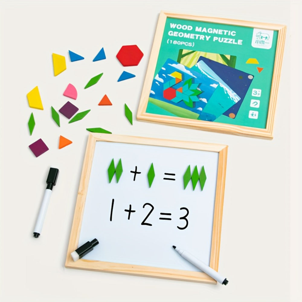 Magnetic Wooden Puzzle Blocks 128 180 220 Piece Set – Geometric Figures Cognitive Learning STEM Toy for Kids, Creative Jigsaw Building Gift for Toddlers & Children