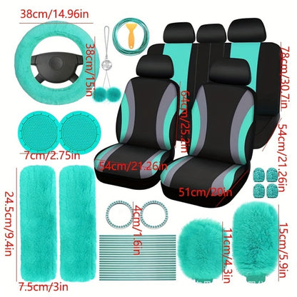 Car Interior Accessories Set for Women 45-Piece – Plush Steering Wheel Cover, Seat Cushion & Pendant, Universal Fit All Seasons, Available in Red, Black, Blue, Pink, Purple & More