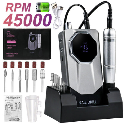 Electric Nail Drill Kit 45000 RPM LCD Display USB Rechargeable Portable E-File Acrylic Gel Removal Polishing Forward Reverse Low Noise Home Salon Manicure Pedicure Gradient Grey White