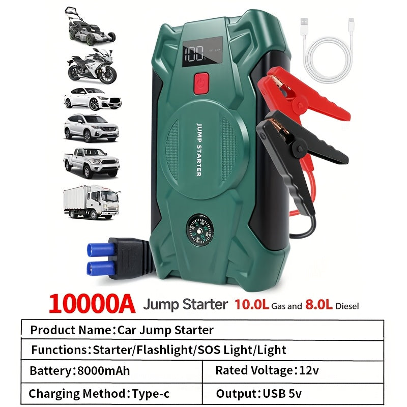 10000A 7-in-1 Multi-functional Emergency Start Power Supply with Air Pump, 150PSL Portable Car Battery Starter, Digital Tire Inflator, Suitable for 2.64 Gallon Gasoline Or 2.38 Gallon Diesel Battery, LED Emergency Light, Car Emergency Tool.