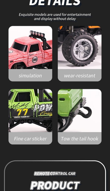 Mini RC Truck 1:64 Scale with Trailer – 2.4GHz Alloy Remote Control Monster Off-Road Pickup with LED Body Lights & Headlights, Rock Crawler Toy for Boys, Birthday Christmas Gift Green Gray Blue