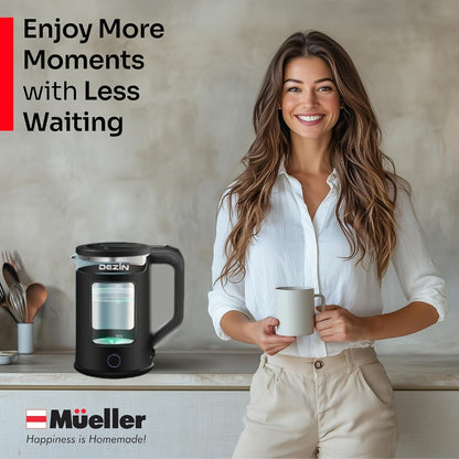 Glass Electric Kettle with Blue LED Light – 1.5L Borosilicate Glass Water Boiler, Auto Shut-Off & Boil-Dry Protection, Fast Heating Hot Water Kettle for Tea & Coffee – Azure, Black