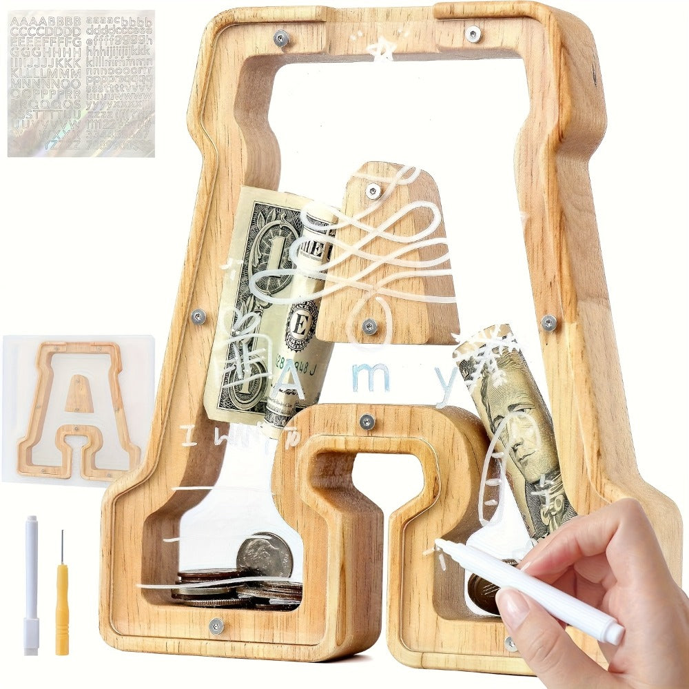 Alphabet Wooden Money Bank for Adults A to Z Letter Piggy Bank – Personalized Coin Bank Home Decor Craft Art Decoration, Ideal Gift for Ages 14 and Up