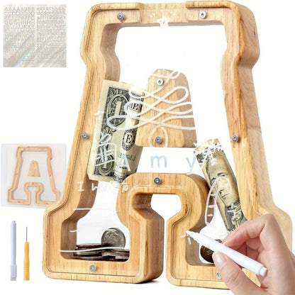 Alphabet Wooden Money Bank for Adults A to Z Letter Piggy Bank – Personalized Coin Bank Home Decor Craft Art Decoration, Ideal Gift for Ages 14 and Up
