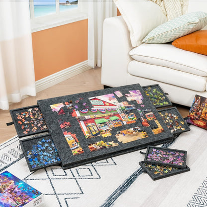 Jigsaw Puzzle Board with Felt Mat & 6 Sorting Drawers - Foldable Roll-Up Puzzle Saver Fits Up to 1000 Pieces | Portable Puzzle Storage Organizer for Adults Kids Family Game Night