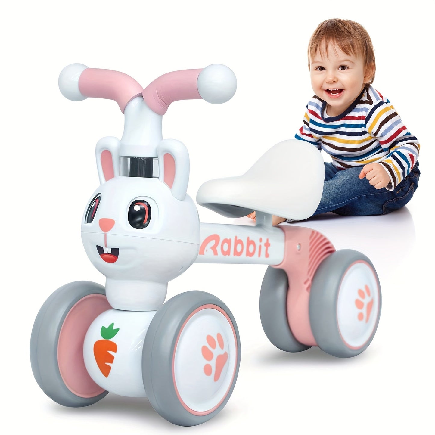 Baby Balance Bike 4 Wheels for Toddlers Ages 10+ Months Animal Design No-Pedal Push Bike First Birthday Gift Boys Girls Pink Rabbit Tiger Dinosaur