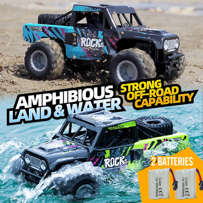 Amphibious RC Car 1:16 Scale 4WD Waterproof Land & Water Remote Control Monster Truck – 2 Rechargeable Batteries, All-Terrain RC Truck for Boys Kids Ages 4+, Birthday Christmas Gift