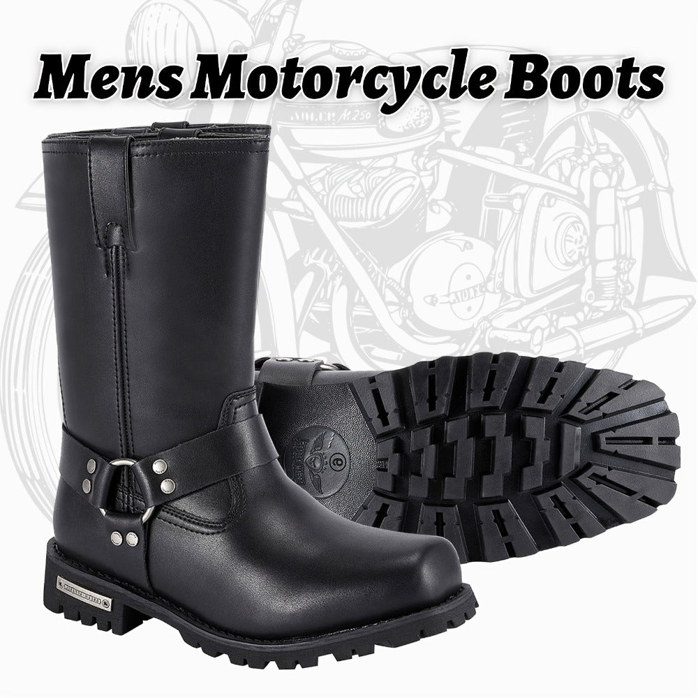 Men's Motorcycle Boots 11" Harness – PU Leather Non-Slip Square Toe Mid-Calf Biker Boots, Abrasion Resistant All-Season Riding Boots, Sizes US 8 to US 14, Black