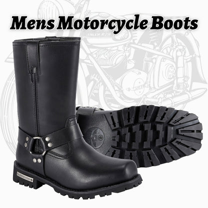 Men's Motorcycle Boots 11" Harness – PU Leather Non-Slip Square Toe Mid-Calf Biker Boots, Abrasion Resistant All-Season Riding Boots, Sizes US 8 to US 14, Black