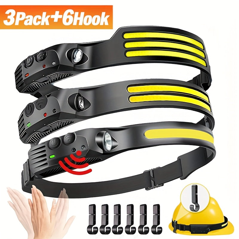 Motion Sensor COB Headlamp 3 Pack + 6 Hooks, 230° Wide Beam Rechargeable LED Head Lamp, 5 Modes COB & LED Headlamps for Adults, Hard Hat Headlight, Headband Flashlight for Camping, Work & Hiking