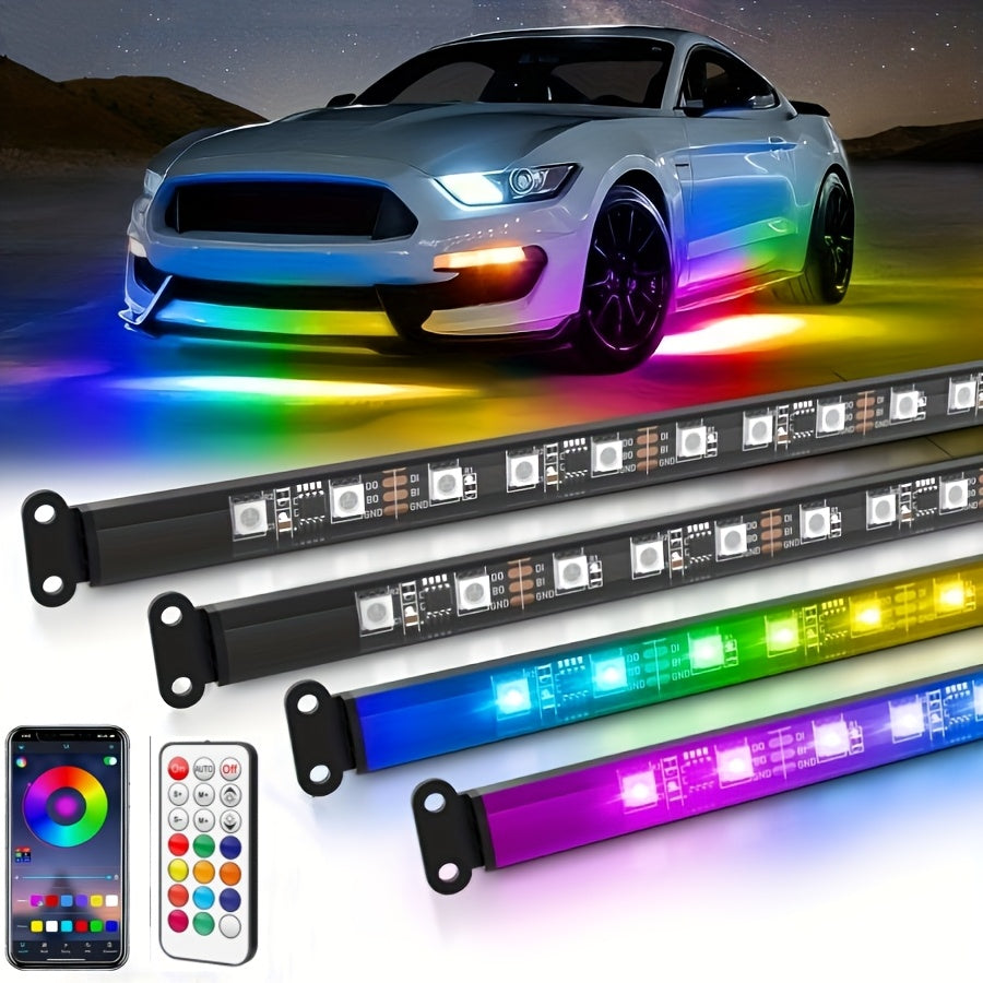 4pcs Car Underglow Neon Accent Strip Lights, App Control 16 Million Colors Music Mode, RGB 8 Color Sound Active Function Music Mode with Wireless Remote Control Underbody Light Strips for Car Van SUV Truck, DC 12V 90*120cm/35.43in+47.24in