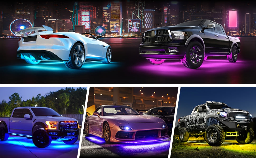 4pcs Car Underglow Neon Accent Strip Lights, App Control 16 Million Colors Music Mode, RGB 8 Color Sound Active Function Music Mode with Wireless Remote Control Underbody Light Strips for Car Van SUV Truck, DC 12V 90*120cm/35.43in+47.24in