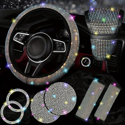 Rhinestone Car Accessories Set for Women 8 Pcs – Bling Steering Wheel Cover Cup Coasters Seat Belt Pads Shift Knob Cover Starter Rings – Multicolor Pink Purple