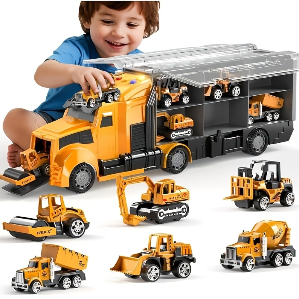 Diecast Construction Truck Toy Set 7-in-1 for Kids Ages 3-9 – Excavator, Bulldozer, Dinosaur Car, Race Cars, Boys & Girls Birthday Easter Gift