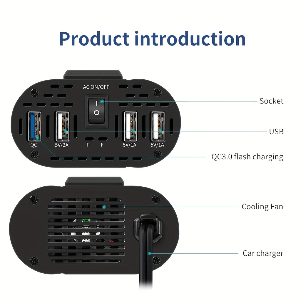 Halloween Christmas Gift, Car Power Inverter Charger Converter 500W (Peak) Power 12V Car Power Inverter, 4 USB Ports, Smart Fast Charging, Power Converter - Car Plug, Mobile Phone, US Socket