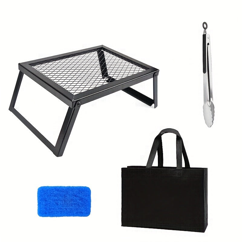 Portable Camping Bonfire Grill with Storage Bag – Heavy Duty Iron Barbecue Rack for Outdoor Picnic, RV Party & Firewood Heating, Includes Food Clips and Cleaning Cloths, Great Men's Gift