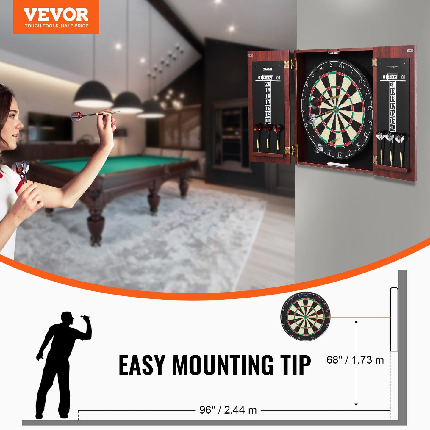 Dartboard Cabinet Set with Steel Tip Darts – 18 Inch Sisal Fiber Board, Retro Wood Cabinet, Scoreboard & Full Accessories Included