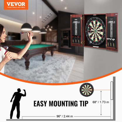 Dartboard Cabinet Set with Steel Tip Darts – 18 Inch Sisal Fiber Board, Retro Wood Cabinet, Scoreboard & Full Accessories Included