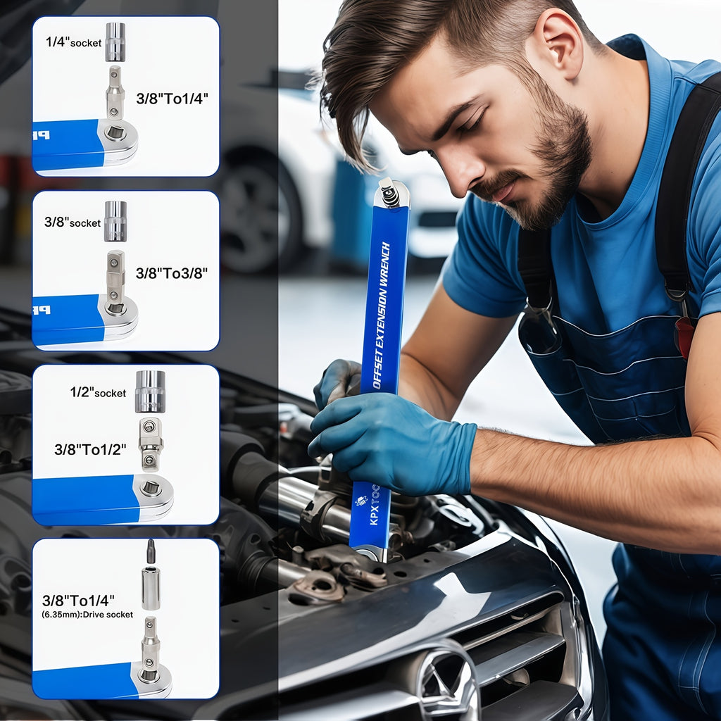 2-in-1 Multi-Function Ratchet Offset Extension Wrench | With 1/2", 1/4" and 3/8" Square Head Adapters, 180 Degree Swivel, High Torque, Non-Slip Handle, Durable Metal, Automotive Repair Hand Tools
