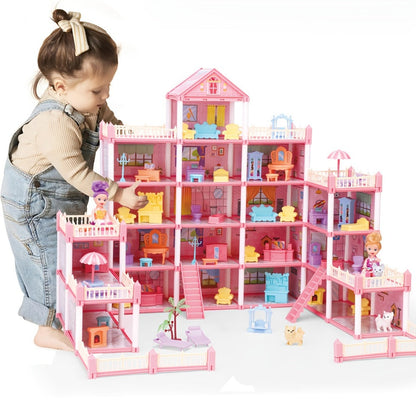 Princess Doll House Castle with Furniture & Accessories – Pink or Blue Mini Villa Playset 14 to 27 Rooms, Imaginative Play Logical Thinking Toy for Girls Ages 3+ Birthday Christmas Gift