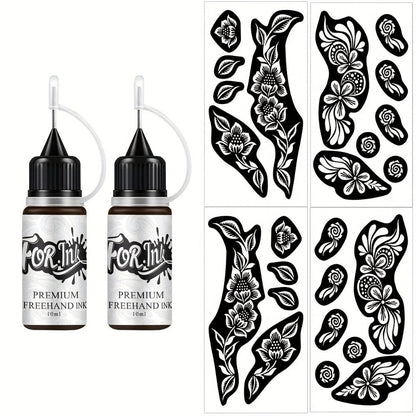 Tattoo Stencil Kit with Brown Paste Ink & Flash Spray – Pre-Cut Hollow Template DIY Freehand Henna Style Temporary Tattoo Body Art Designs 2-Pack No Machine No Electricity for Festivals Parties Gifts