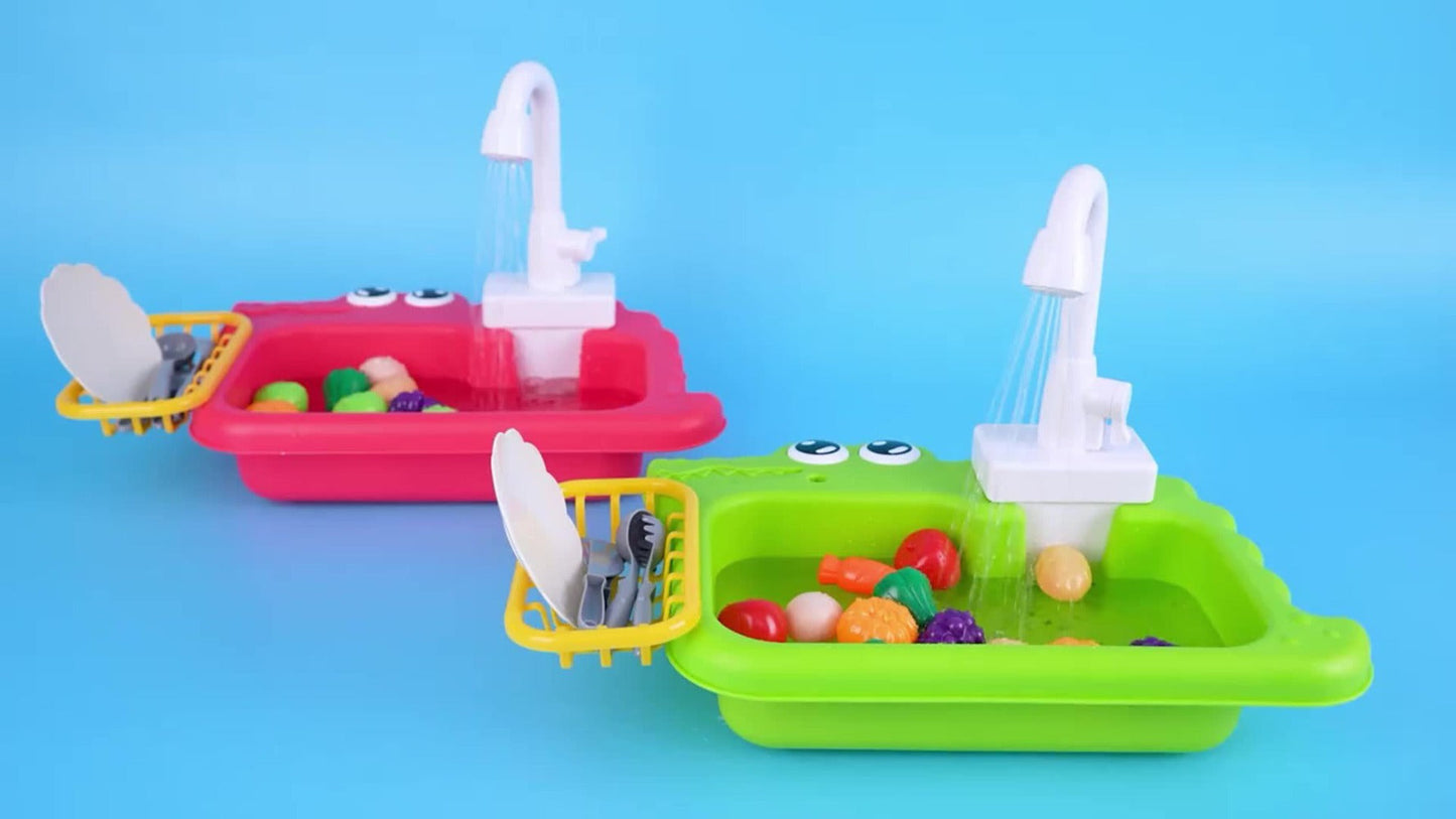 Kids Play Sink Toy with Running Water – Automatic Water Cycle System Pretend Play Dishwasher Kitchen Sink for Toddlers Boys & Girls, Role Play Kitchen Accessory Birthday Gift