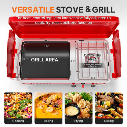 Camping Stove with Oven 2-in-1 – Portable Propane Double Burner 16,000 BTU & Outdoor Oven Combo with Auto-Ignition & Thermometer | Camping, Backyard & Picnic Cooking