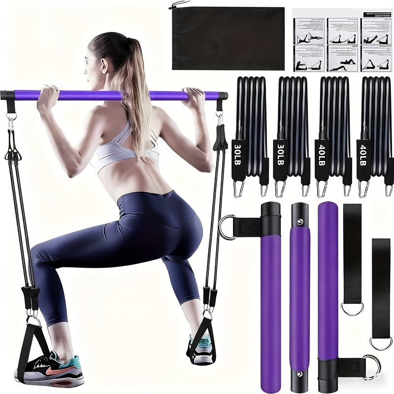 Resistance Band Pilates Bar Kit 8-Piece – 150LB Bands, Ankle Straps & Drawstring Bag, Portable Home Gym Fitness Set for Full Body Workout for Men & Women