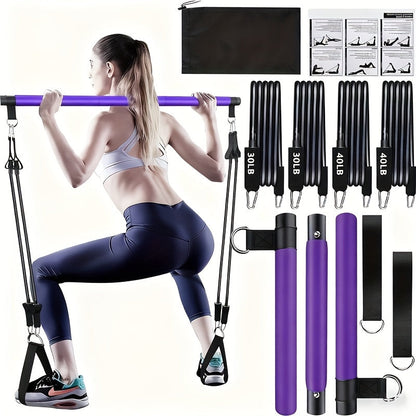 Resistance Band Pilates Bar Kit 8-Piece – 150LB Bands, Ankle Straps & Drawstring Bag, Portable Home Gym Fitness Set for Full Body Workout for Men & Women