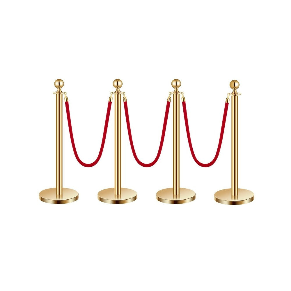 Stanchion Posts with Red Velvet Rope Set - Gold Crowd Control Barrier, 201 Stainless Steel Queue Poles with Sand-Fillable Base & 4-Way Connectors, for Wedding Event Party Museum Hotel, 4/6/8 Pcs