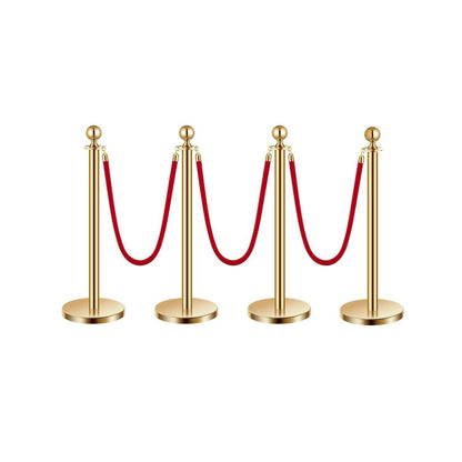 Stanchion Posts with Red Velvet Rope Set - Gold Crowd Control Barrier, 201 Stainless Steel Queue Poles with Sand-Fillable Base & 4-Way Connectors, for Wedding Event Party Museum Hotel, 4/6/8 Pcs