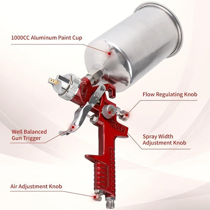 HVLP Gravity Feed Spray Gun Set – 3 Nozzles (1.4 / 1.7 / 2.0mm) with 1000cc Aluminum Cup for Automotive Painting, Base Coat, Clear Coat & Touch-Up, Stainless Steel Needle, Red