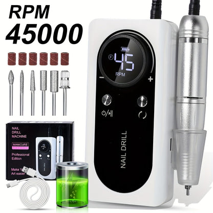 Electric Nail Drill Machine 45000RPM with LCD Display — Rechargeable Cordless E-File Professional High-Speed Nail Sander for Acrylic Gel Polish Natural Nails, Salon & Home Manicure Pedicure Tool