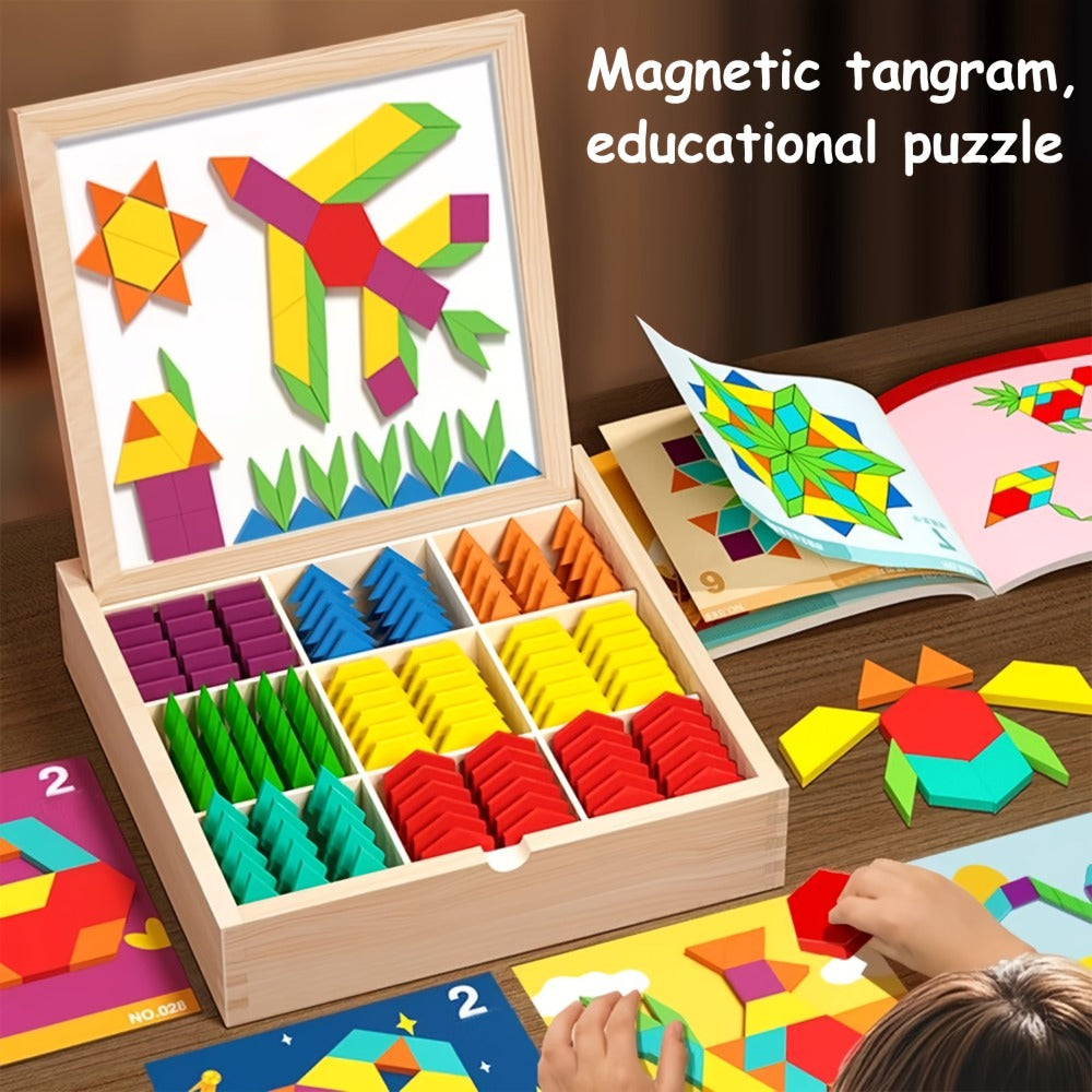 Magnetic Wooden Puzzle Blocks 128 180 220 Piece Set – Geometric Figures Cognitive Learning STEM Toy for Kids, Creative Jigsaw Building Gift for Toddlers & Children