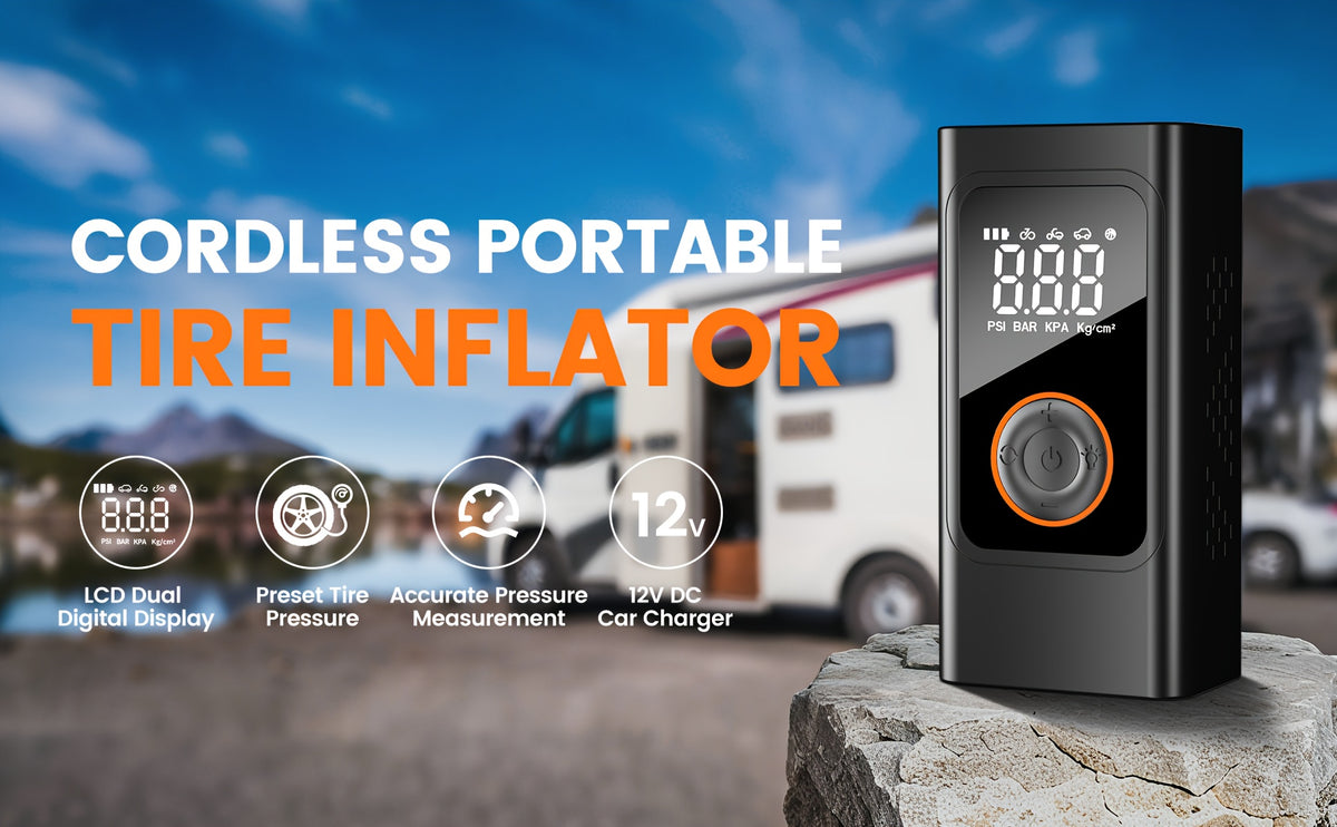 Portable Tire Inflator - 150PSI Air Compressor with Preset Pressure Auto-Stop, USB-C Fast Charge And LED Light, Multi-Mode for Car, Moto, Bike, Ball, Air Pump Ideal for Car