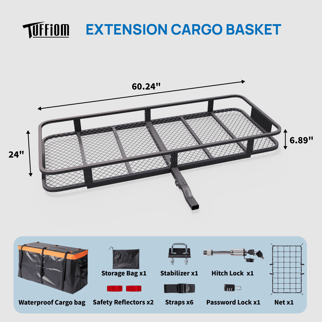 60" L x 20/24" W x 6" H Hitch Mount Cargo Carrier Folding Rack, 500lbs Heavy Duty Trailer Steel Luggage Basket with Waterproof Cargo Bag, Straps, Net & Stabilizer for Camping Travel