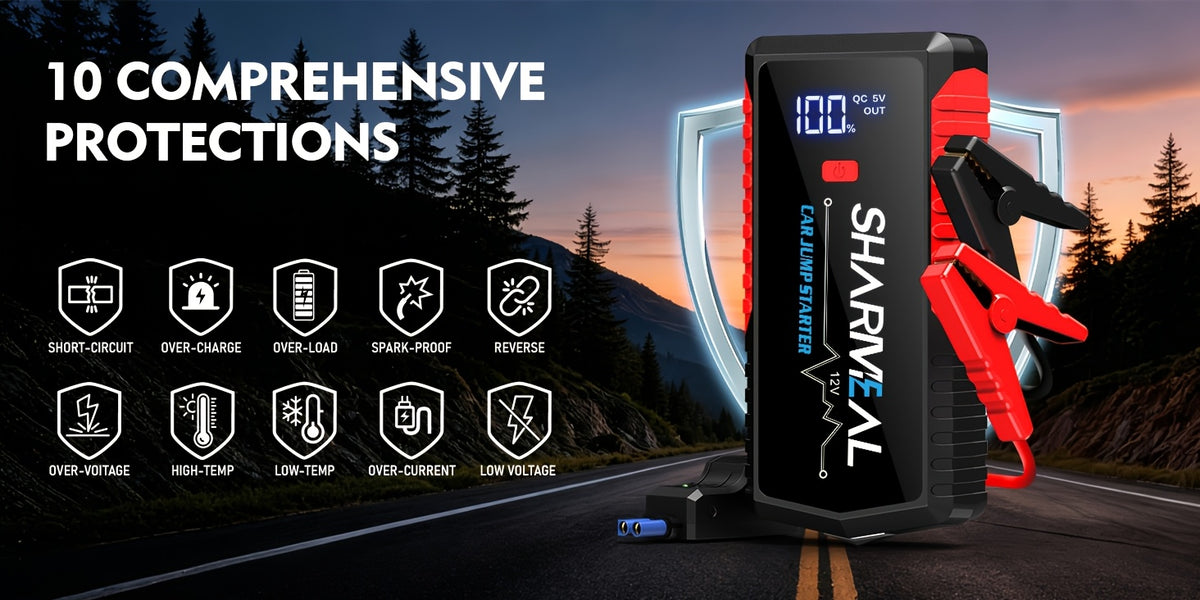 SHARMEAL 9-In-1 Portable Car Battery Jump Starter And Window Breaker Hammer with Built-In 3-Mode LED Flashlight And Heavy-Duty Jumper Cables, Ideal for Cars, Suvs, Trucks, Rvs