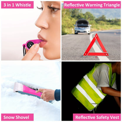 Car Roadside Emergency Kit Pink - Jumper Cables, Deer Whistles & Auto Safety Tool Set for Women, Winter Car Safety Roadside Assistance Kit, No Battery Required, Perfect Gift for Female Drivers