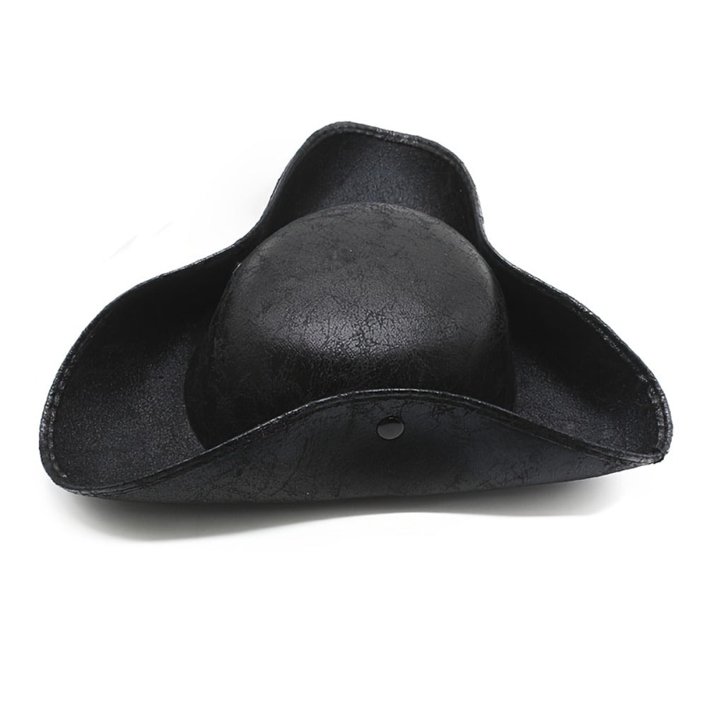 Pirate Tricorn Hat Faux Leather Wide Brim – Vintage Distressed Pirate Hat for Men Women, Halloween Costume, Cosplay, Renaissance Fair & Themed Party Accessory, Black & Brown