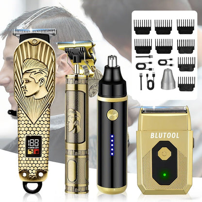Men's Grooming Set 2 or 4 Piece - Cordless Electric Hair Clipper, T-Shaped Beard Trimmer, Nose Hair Trimmer & Electric Shaver, LED Display Professional Haircutting Beauty Kit, Father's Day Birthday Christmas Gift