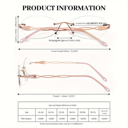 Rimless Reading Glasses for Women 3 Pack - Blue Light Blocking Lightweight Metal Frameless Readers with Anti Eyestrain Lenses, Multiple Colors and Magnifications 1.0X to 4.0X