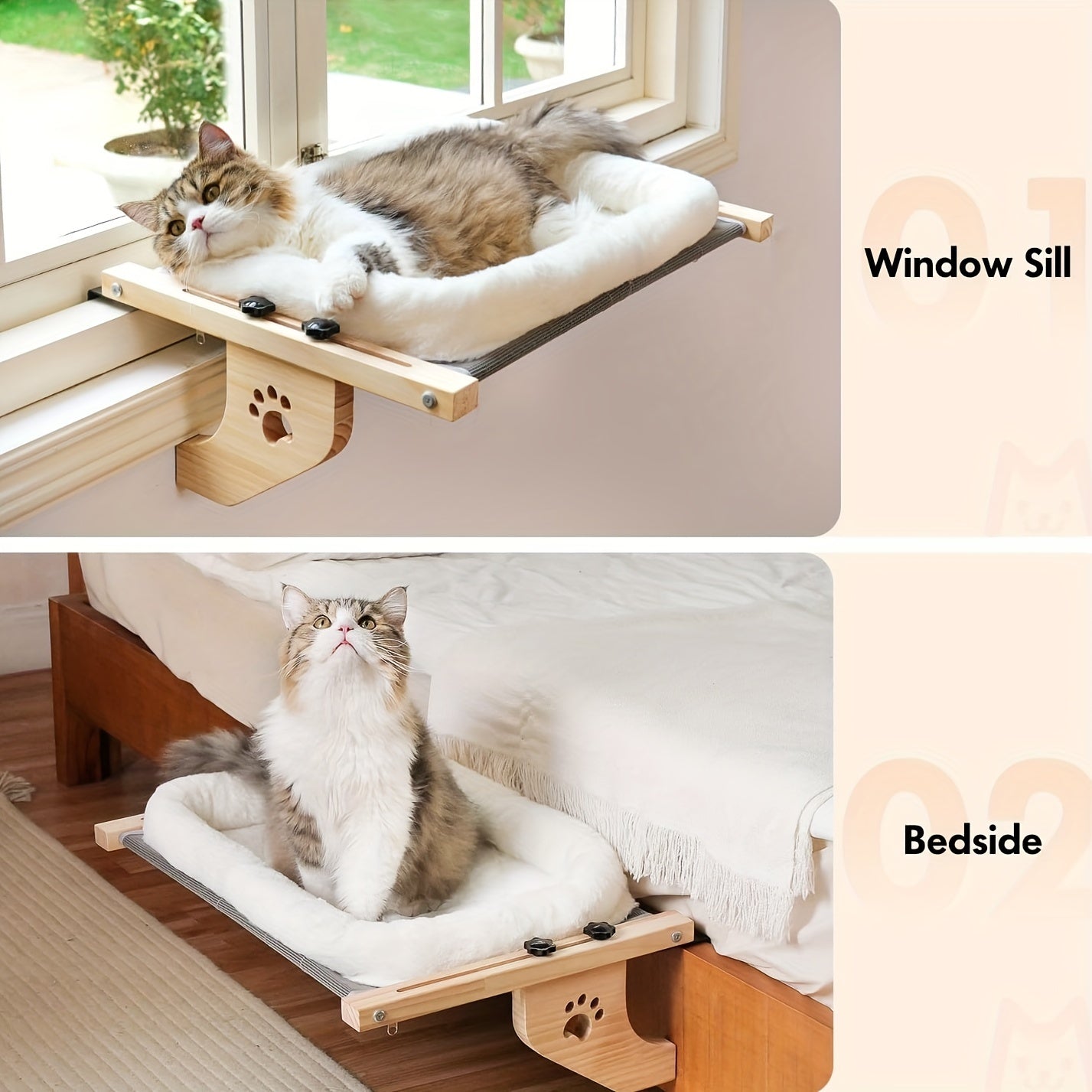 Cat Window Perch Hammock - Wood & Metal Frame Windowsill Seat for Large Indoor Cats, Adjustable Cat Shelf for Window Sill Bedside Drawer Cabinet, Space-Saving Cat Bed Lounger Sunbathing Perch