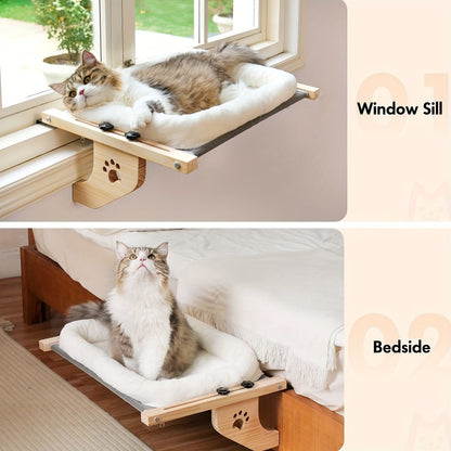 Cat Window Perch Hammock - Wood & Metal Frame Windowsill Seat for Large Indoor Cats, Adjustable Cat Shelf for Window Sill Bedside Drawer Cabinet, Space-Saving Cat Bed Lounger Sunbathing Perch