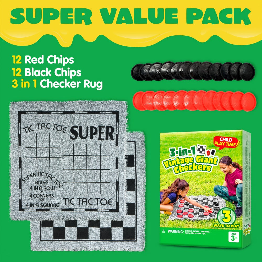 Giant Checkers Game 3-in-1 Set with Tic Tac Toe Reversible Mat 24 Oversized Pieces – Indoor Outdoor Family Board Game for Kids Adults, Lawn BBQ Camping Birthday Gift