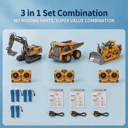 RC Construction Vehicle Set 2.4G 11-Channel Remote Control Excavator Dump Truck Bulldozer | 1:24 & 1:64 Alloy Engineering Toy | 2-in-1, 3-in-1, 4-in-1 Kit for Kids Adults