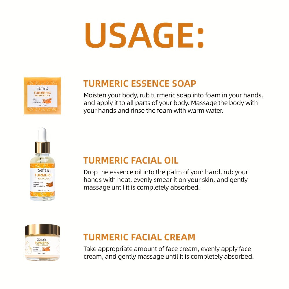 Turmeric Skincare Set 3 Pcs - Turmeric Face Cream, Facial Soap & Essential Oil Kit for Deep Pore Cleansing, Brightening & Moisturizing, Oil Control Skin Care Gift Set for Women & Men