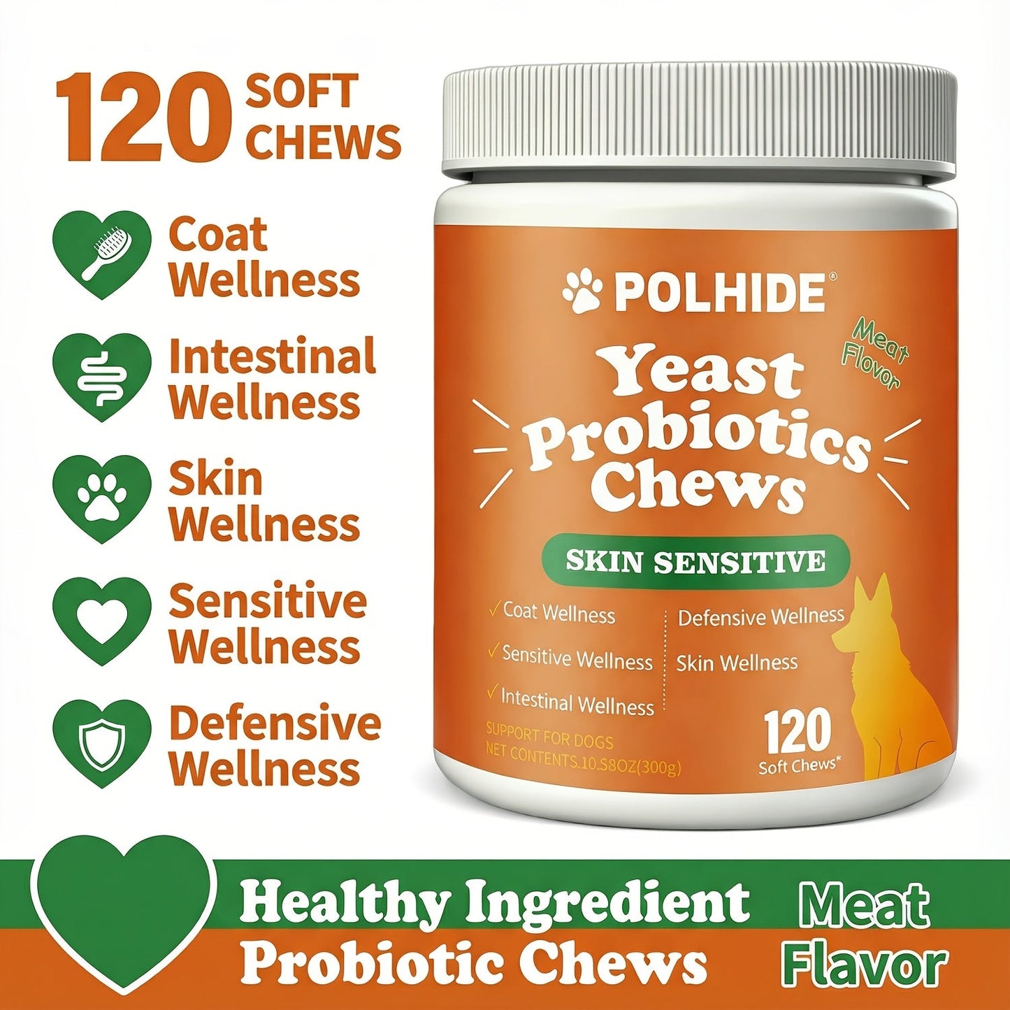 Probiotic Chews for Dogs 120 Count 90-Day Supply – Yeast & Gut Health Supplement, Soft Meat Flavor Chews for Coat, Intestinal & Immune Support, All Ages