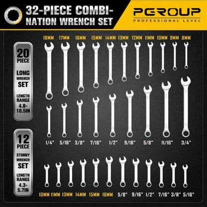 Combo Wrench Set SAE & Metric – CR-V Steel, Mirror Chrome Polished, Open & 12-Point Box Ends, Long & Short Reach, 14pc Metric (6-19mm) / 14pc SAE (1/4"-15/16") / 32pc Full Set