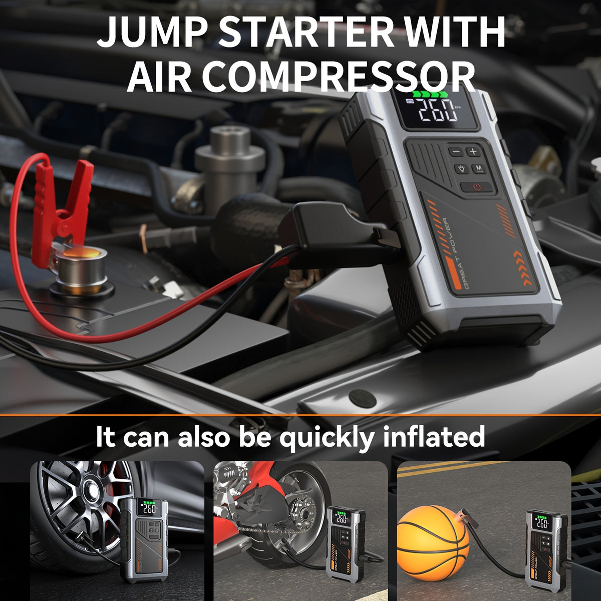 Portable Car Jump Starter & Jump Starter with Air Compressor (Optional), Jump Starter Battery Pack, Current Car Battery Booster, 12V Vehicles (1.98gal Gasoline/ 1.59gal Diesel Engine), Compatible with Sedans, SUVs, Pickup Trucks & Lawn Mowers
