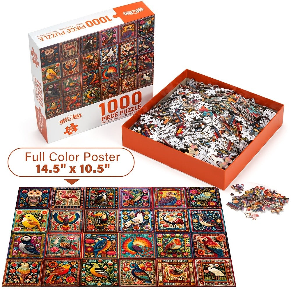 1000 Piece Bird Puzzle for Adults Bird Crochet Design – Challenging Animal Jigsaw with Letters on Back, Family Game Night Home Decoration Wall Art, Birthday Christmas Gift for Bird Lovers Men & Women